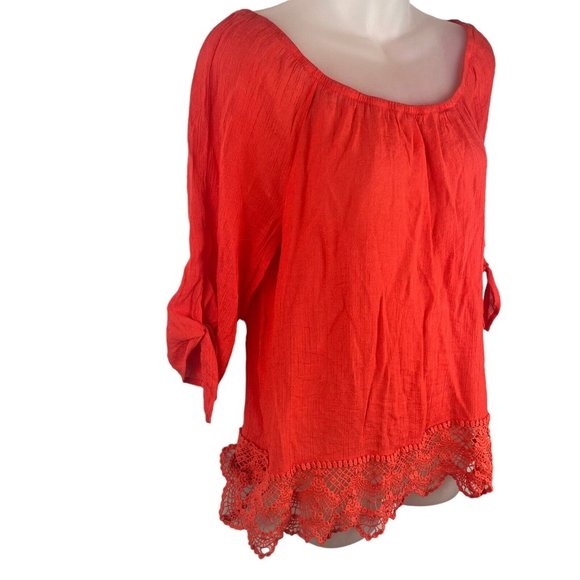 Bobeau Top Blouse Red Orange Off The Shoulder Lace‎ Hem Women's Size Medium - Picture 5 of 16
